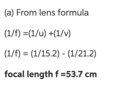 (Figure 1) shows an object and its image formed by a thin lens. Assume that LLL = 15.2 cm and y = 3.30 mm

What is the focal length of the lens?