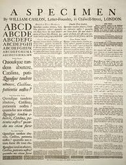 Identify the designer, title or type of work, and date of each image where available: Broadside type specimen