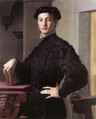 The portrait below showcases Bronzino's ability to use formal effect with his choice of ________ and setting yet conveys the ________ demeanor of the subject.