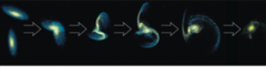 This diagram shows several stages in a computer simulation of a collision between two galaxies. What happens?