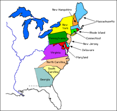 Use the map of the thirteen colonies and your knowledge to answer the question.

 

Which southern colony is labeled F?