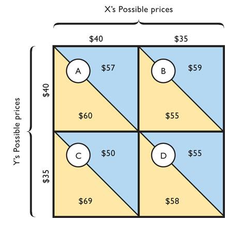 Using the payoff matrix, and assuming no collusion between X and Y, what is the likely pricing outcome?