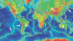 What is the significance of the yellow lines on this map of Earth?