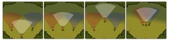 Which of the following images represents the correct and appropriate Zones of Fire for the three (3) safe hunters below?